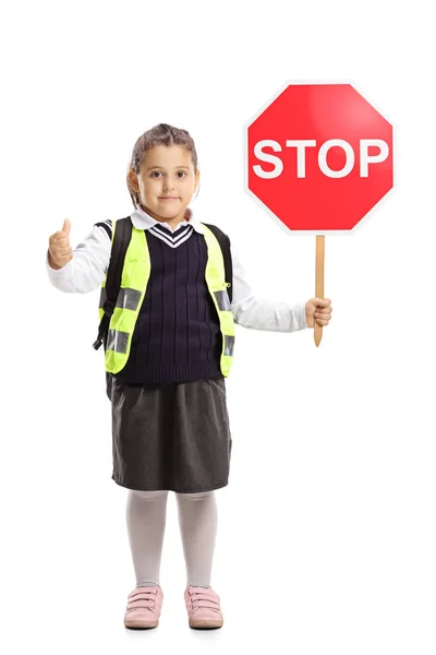 Retrato Completo Una Colegiala Con Chaleco Seguridad Sosteniendo Letrero Stop — Foto de Stock