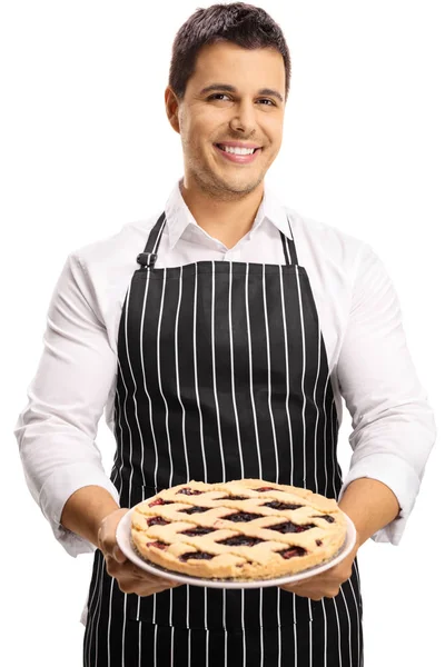 Handsome Young Man Apron Holding Cherry Pie Isolated White Background — Stock Photo, Image