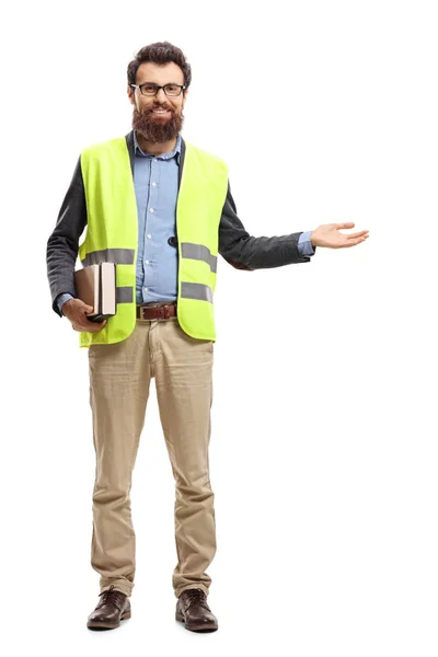 Retrato Comprimento Total Homem Barbudo Segurando Livros Vestindo Colete Segurança — Fotografia de Stock