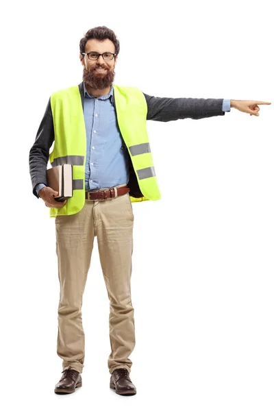 Full Length Portrait Young Man Holding Books Wearing Safety Vest — Stock Photo, Image