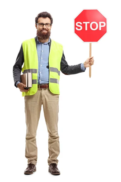 Full Length Portrait Man Holding Books Wearing Safety Vest Holding — Stock Photo, Image