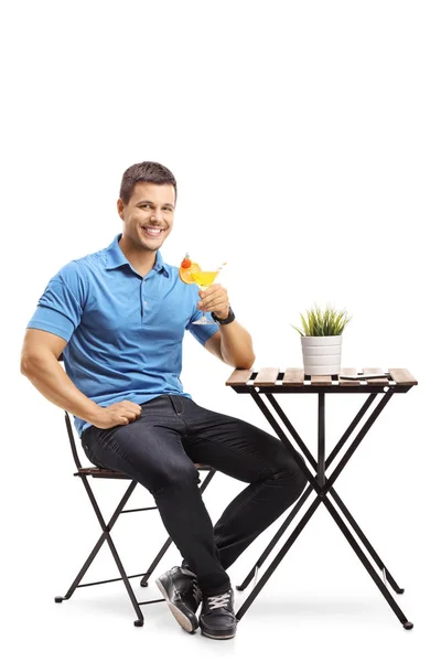 Young Man Sitting Table Holding Cocktail Isolated White Background — Stock Photo, Image