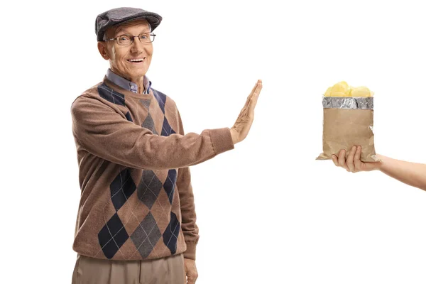 Elderly Man Refusing Bag Chips Isolated White Background — Stock Photo, Image