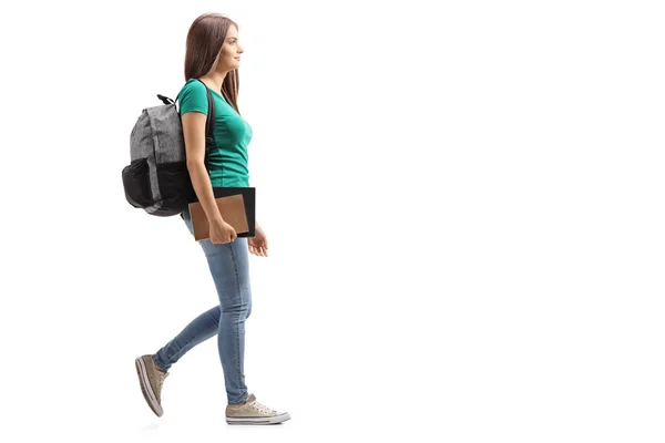 Full Length Profile Shot Female Student Backpack Walking Isolated White — Stock Photo, Image