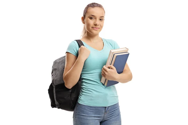 Teenage Schoolgirl Backpack Holding Books Isolated White Background Stock Image