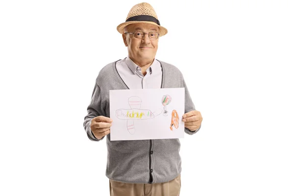 Oudere Man Met Een Tekening Geïsoleerd Witte Achtergrond — Stockfoto