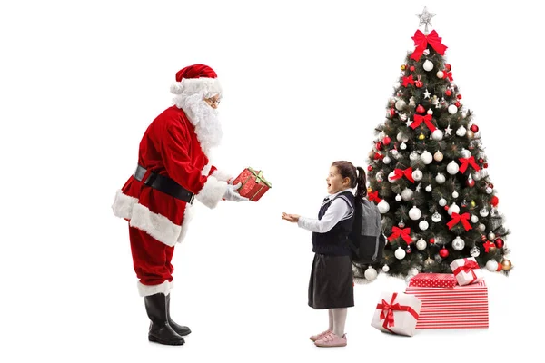 Full Length Profile Shot Santa Claus Giving Present Schoolgirl Nest — Stock Photo, Image