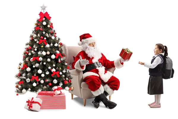 Santa Claus Sitting Armchair Next Christmas Tree Giving Present Surprised — Stock Photo, Image