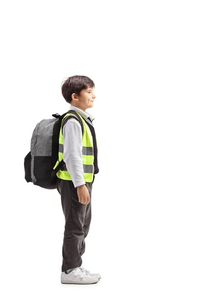 Full Length Profile Shot Little Schoolboy Safety Vest Standing Isolated — Stock Photo, Image