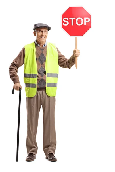 Retrato Comprimento Total Homem Sênior Vestindo Colete Segurança Segurando Sinal — Fotografia de Stock