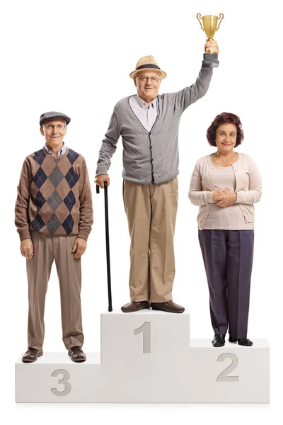 Full Length Portrait Senior People Winner Pedestal First Second Third — Stock Photo, Image