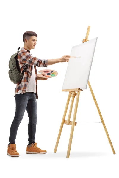 Full Length Profile Shot Teenage Boy Painting Canvas Isolated White — Stock Photo, Image