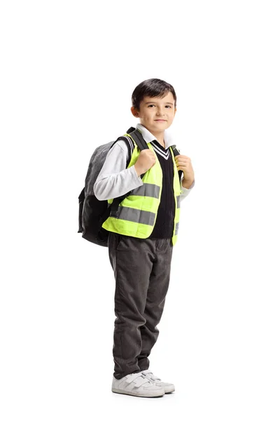 Ganzkörperaufnahme Eines Schülers Mit Rucksack Und Sicherheitsweste Isoliert Auf Weißem — Stockfoto
