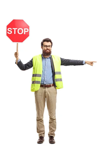 Retrato Comprimento Total Homem Com Colete Segurança Segurando Sinal Parada — Fotografia de Stock