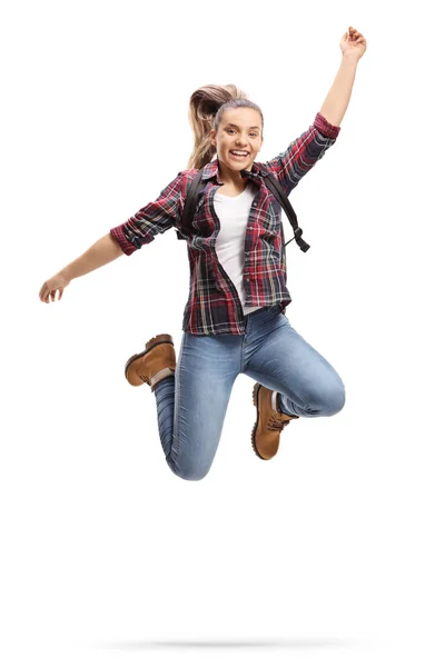 Glad Kvinnlig Student Hoppning Isolerad Vit Bakgrund — Stockfoto