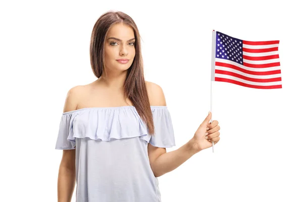 有吸引力的年轻妇女拿着 Usa 旗子在白色背景被隔绝 — 图库照片