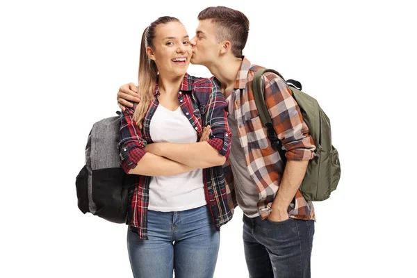 Hombre Estudiante Besando Una Estudiante Mejilla Aislado Fondo Blanco —  Fotos de Stock