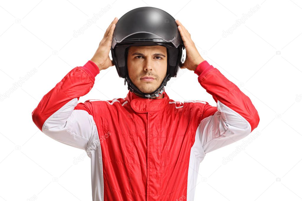 Racer with a helmet isolated on white background