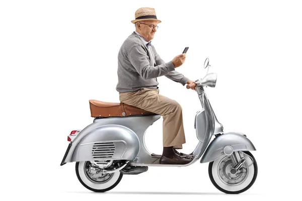 Mature Man Riding Vintage Scooter Looking His Phone Isolated White — Stock Photo, Image