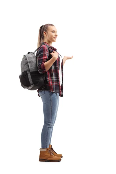 Filme Perfil Completo Uma Adolescente Estudante Gesticulando Com Mão Isolada — Fotografia de Stock