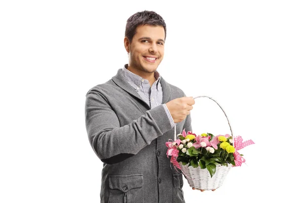 Smiling Young Man Holding Basket Flowers Isolated White Background — Stock Photo, Image
