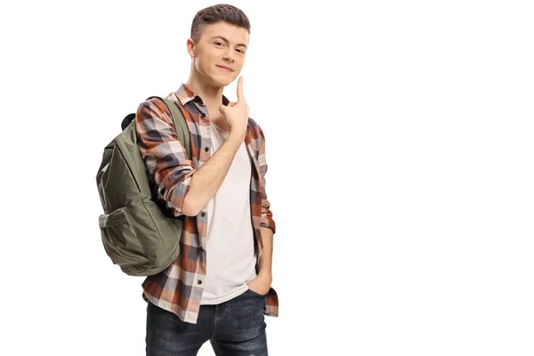 Teenage Student Boy Pointing His Cheek Isolated White Background — Stock Photo, Image