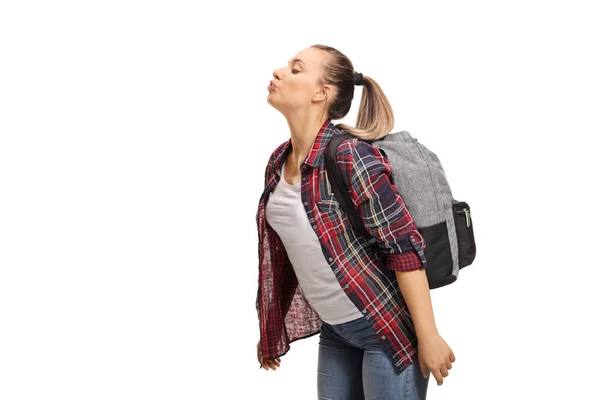 Estudante Menina Soprando Beijo Isolado Fundo Branco — Fotografia de Stock