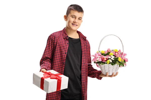 Teenage Boy Holding Gift Box Basket Flowers Isolated White Background — Stock Photo, Image