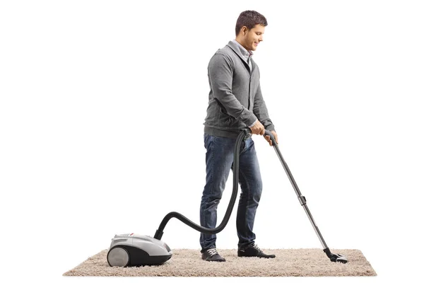 Tiro Comprimento Total Homem Hoovering Tapete Isolado Fundo Branco — Fotografia de Stock