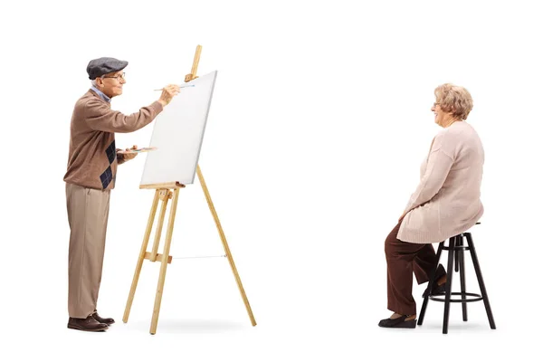 Full Length Shot Senior Male Artist Painting Portrait Female Model — Stock Photo, Image