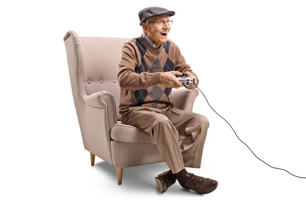Senior Man Armchair Playing Video Games Isolated White Background — Stock Photo, Image