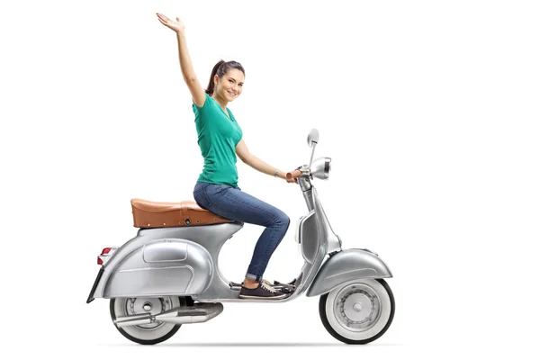 Young Female Riding Vintage Scooter Waving Isolated White Background — Stock Photo, Image