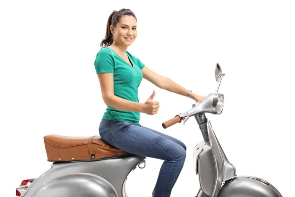 Young Female Sitting Vintage Scooter Showing Thumbs Isolated White Background — Stock Photo, Image