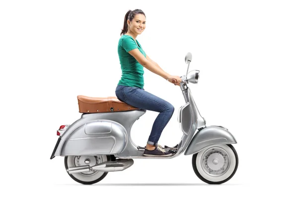 Young Female Riding Vintage Scooter Isolated White Background — Stock Photo, Image