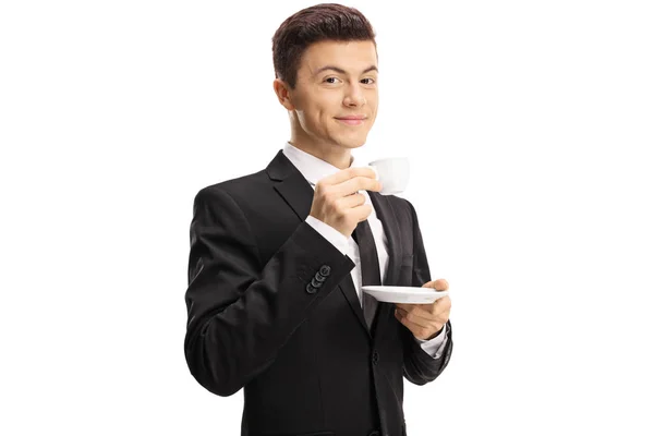 Young Man Suit Cup Espresso Coffee Isolated White Background — Stock Photo, Image