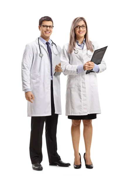 Full Length Portrait Male Female Doctor Smiling Camera Isolated White — Stock Photo, Image