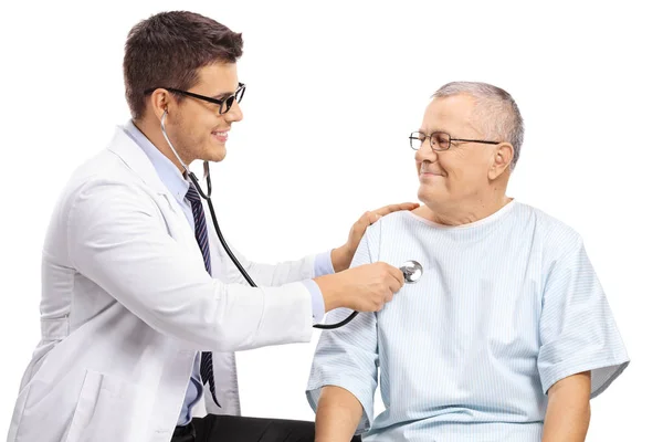 Young Male Doctor Using Stethoscope Elderly Patient Isolated White Background — Stock Photo, Image