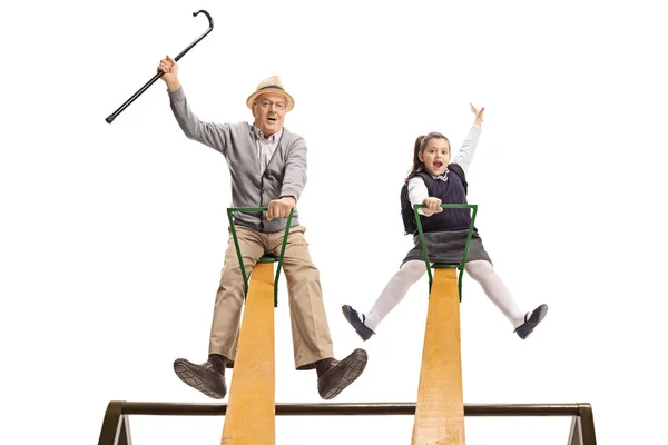 Cheerful Grandpa His Granddaughter Having Fun Seesaw Isolated White Background — Stock Photo, Image