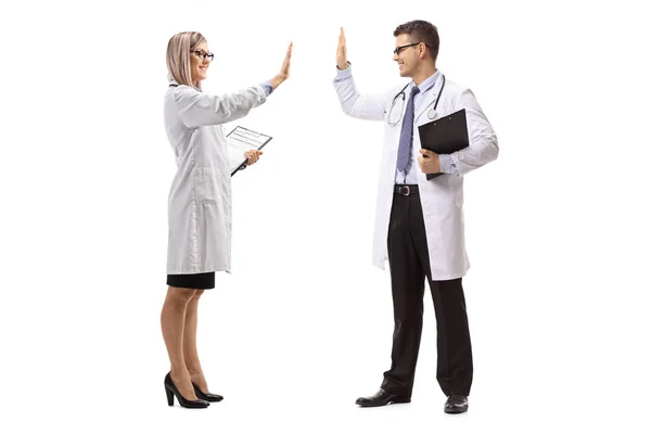 Full Length Shot Male Female Doctor Gesturing High Five Isolated — Stock Photo, Image