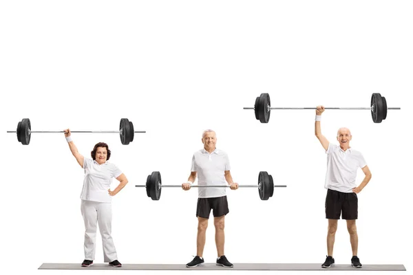 Full Length Portrait Senior People Exercising Barbells Isolated White Background — Stock Photo, Image