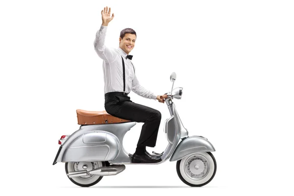 Full Length Shot Cheerful Young Man Smart Clothes Riding Vintage — Stock Photo, Image