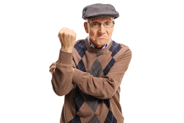 Homme Âgé Déçu Gestuelle Avec Les Mains Isolées Sur Fond — Photo