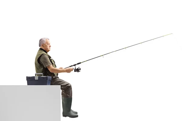 Full Length Profile Shot Mature Man Sitting Fishing Isolated White — Stock Photo, Image