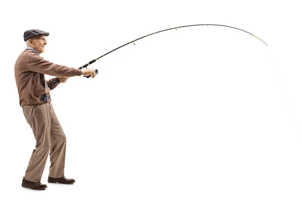 一个老人的全长镜头与钓鱼竿查出在白色背景 — 图库照片