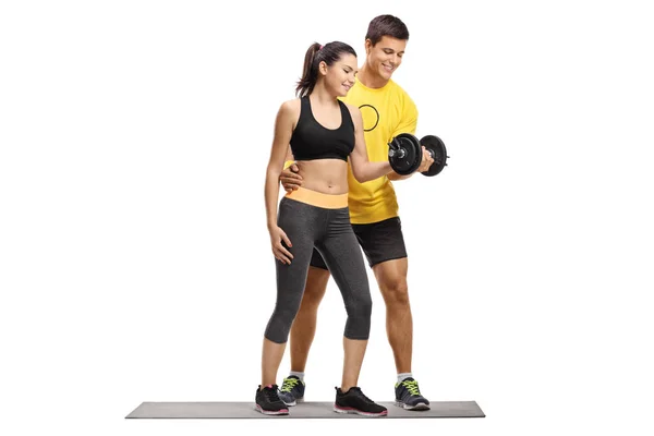 Full Length Portrait Young Female Exercising Dumbbell Help Male Instructor — Stock Photo, Image