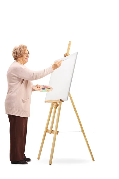 Full Length Shot Senior Woman Painting Canvas Isolated White Background — Stock Photo, Image