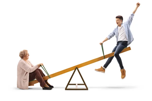 Grandmother Her Teenage Grandson Seesaw Isolated White Background — Stock Photo, Image