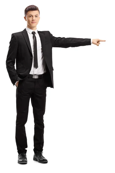 Full Length Portrait Young Male Adult Elegant Suit Pointing One — Stock Photo, Image