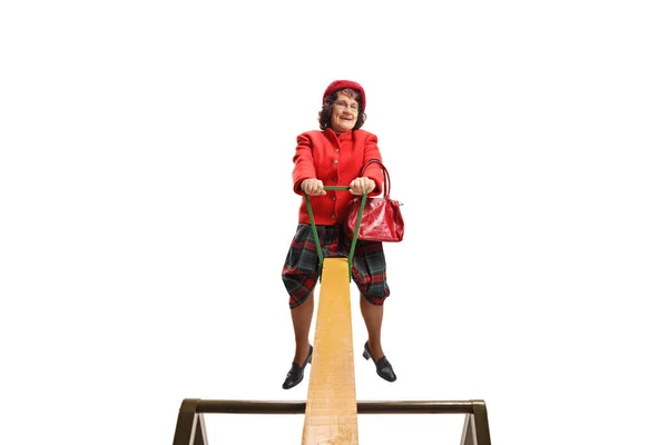 Elderly Woman Seesaw Isolated White Background — Stock Photo, Image