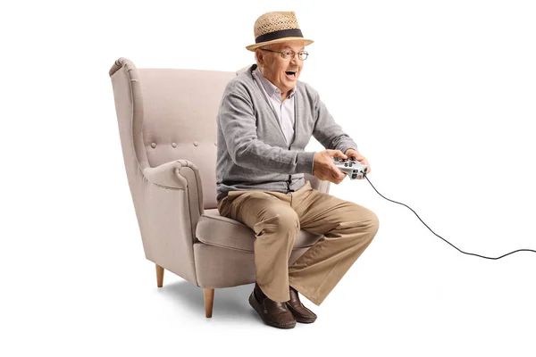 Scatto Completo Nonno Che Gioca Videogiochi Isolato Sfondo Bianco — Foto Stock